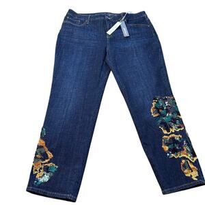Chico's Sz 12P 2P So Slimming Girlfriend Slim Leg Ankle Jeans w/ Floral Sequins